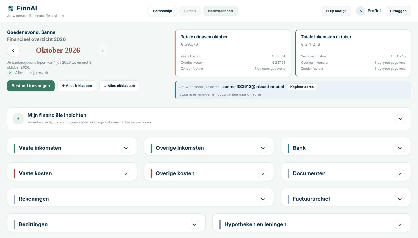 De FinnAI-portal: uitgaven en inkomsten van oktober, je persoonlijke FinnAI-adres en de blokken Vaste kosten, Rekeningen, Documenten en meer.